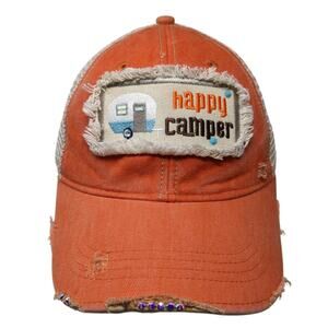 Happy Camper Snapback Trucker Hat Orange One Size Mesh Back Distressed Rhino
